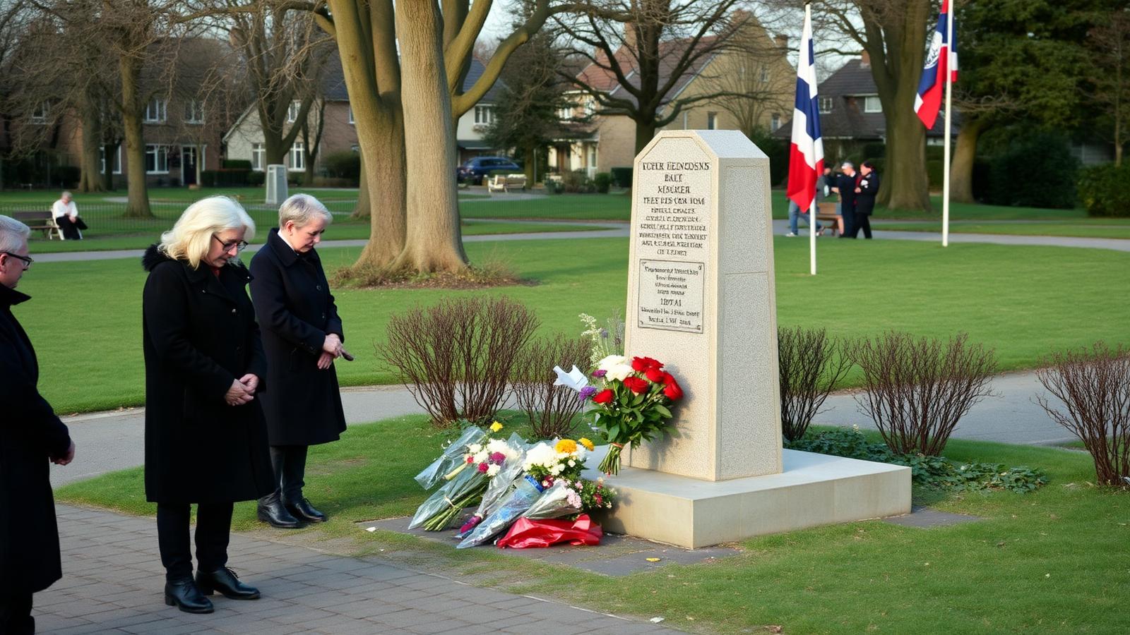 Bloemen bij een klein stenen monument in een dorpspark, enkele mensen in jassen