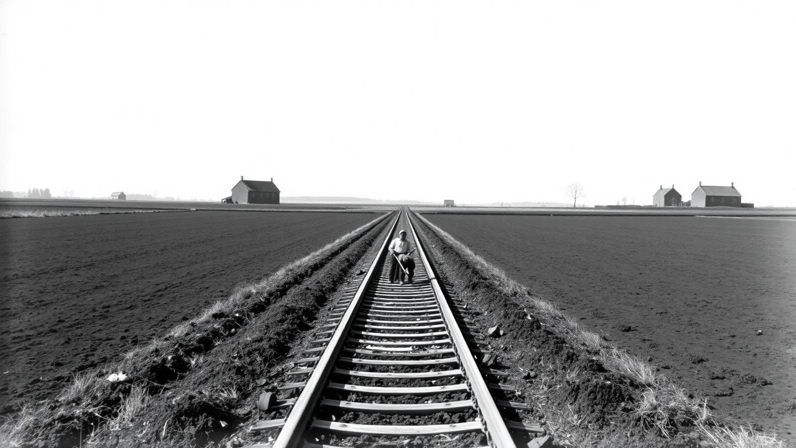 Zwart-witbeeld van een smalle spoorlijn door een vlak veenlandschap
